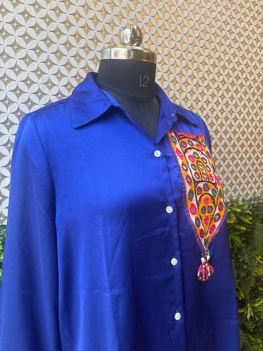 Royal Blue Shirt with Customised Kutch Patch Work – Fusion Edition