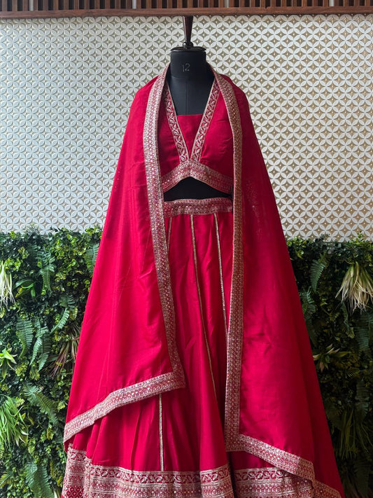 Rosaya Scarlet Red Embroidered Party Wear Lehenga Set