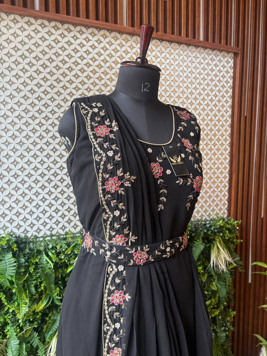 Rosaya Black Embroidered Ready-to-Wear Drape Dress