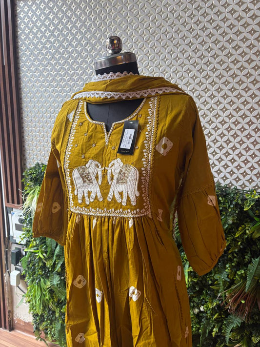 Haathi Mahal – Mustard Cotton Suit Set with Elephant Embroidery