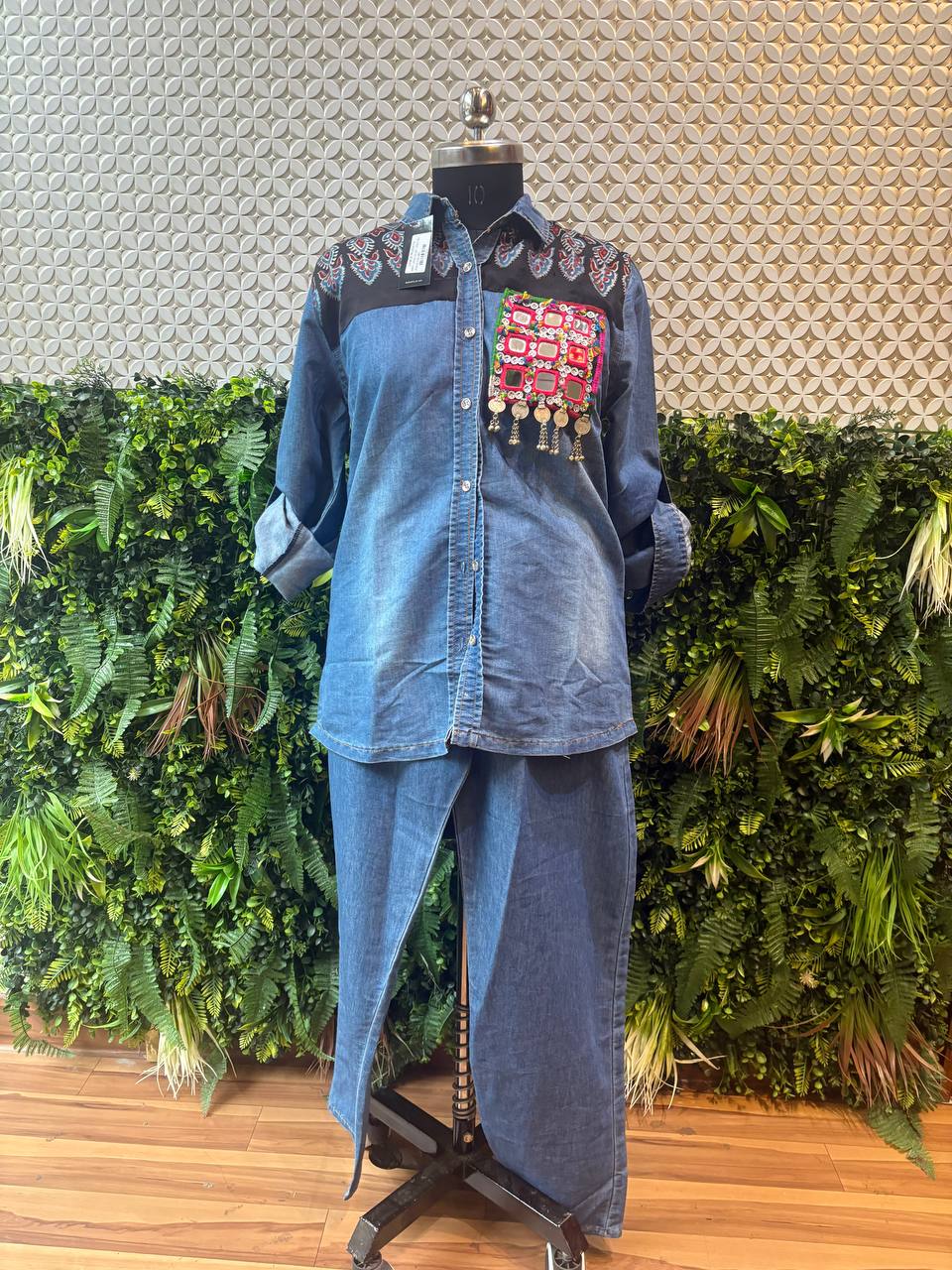 Boho Tribal Denim Co-ord Set with Mirror Patch