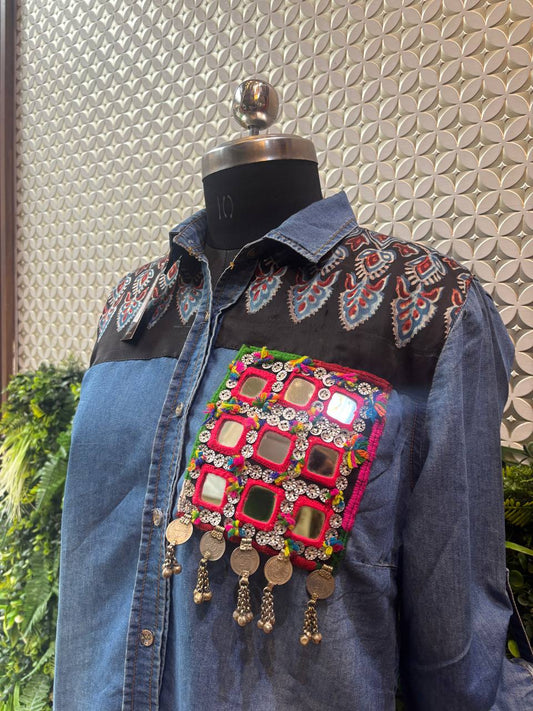 Boho Tribal Denim Co-ord Set with Mirror Patch