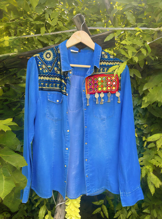 Tribal Denim Muse Shirt – Mirror & Threadwork Edition