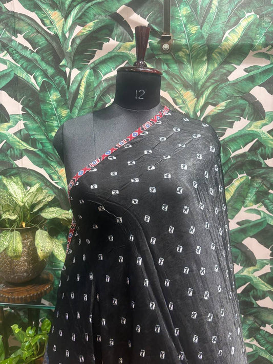 Midnight Black Bandhani & Ajrakh Dupatta by Lable Rosaya