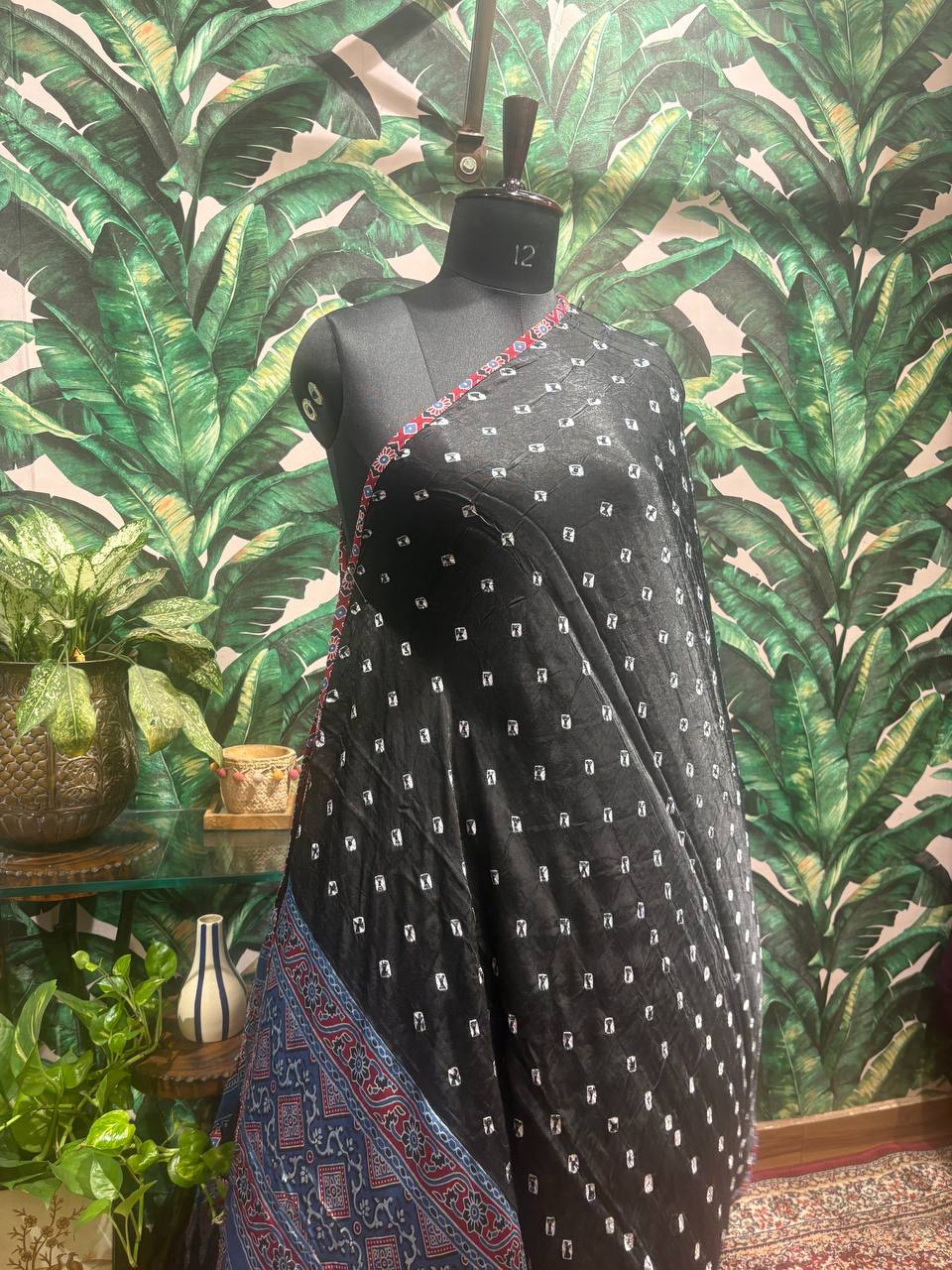Midnight Black Bandhani & Ajrakh Dupatta by Lable Rosaya