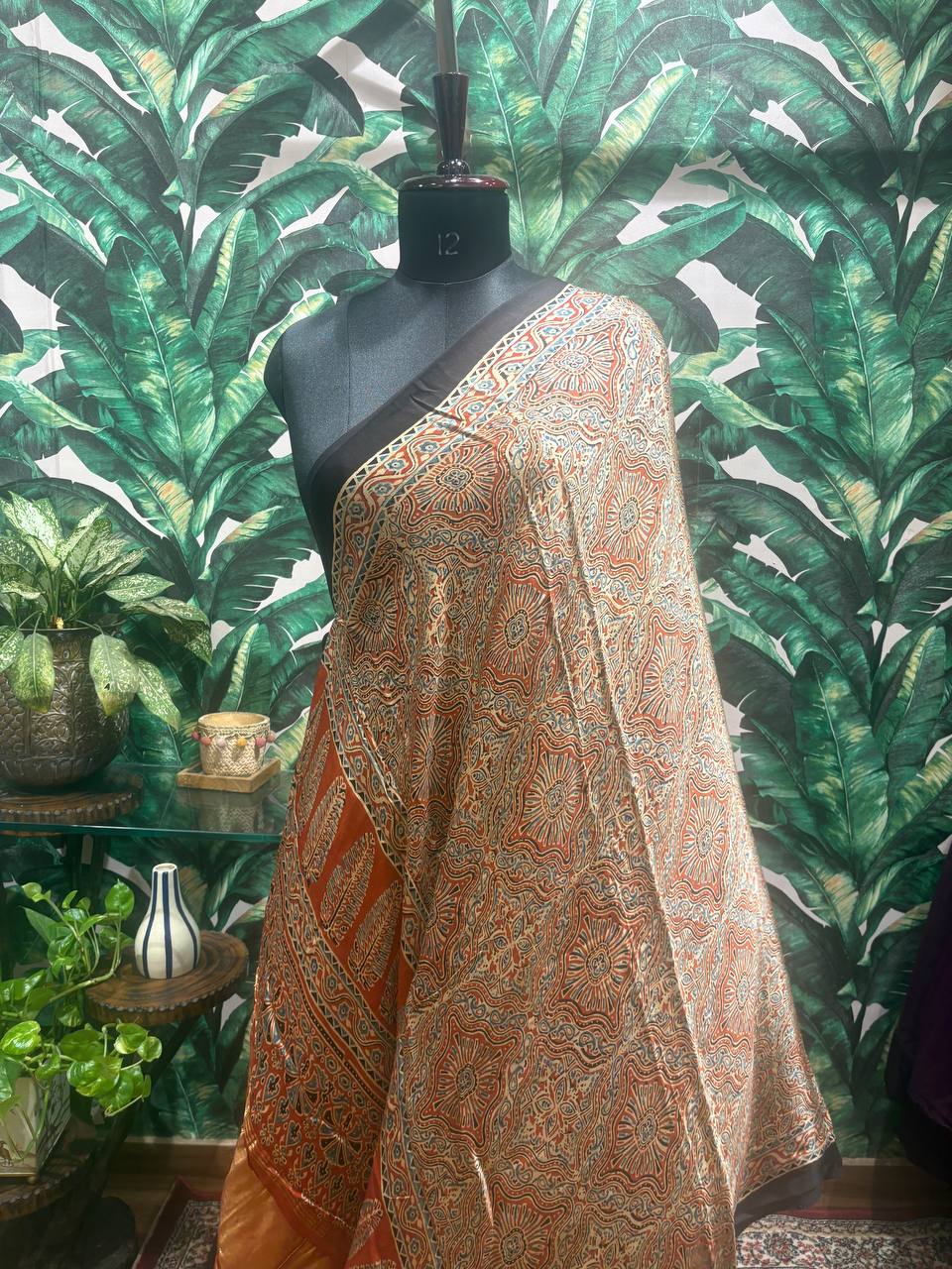 Terracotta & Blue Kalamkari Cotton Dupatta by Lable Rosaya