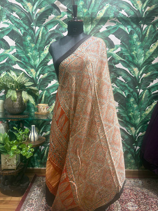 Terracotta & Blue Kalamkari Cotton Dupatta by Lable Rosaya