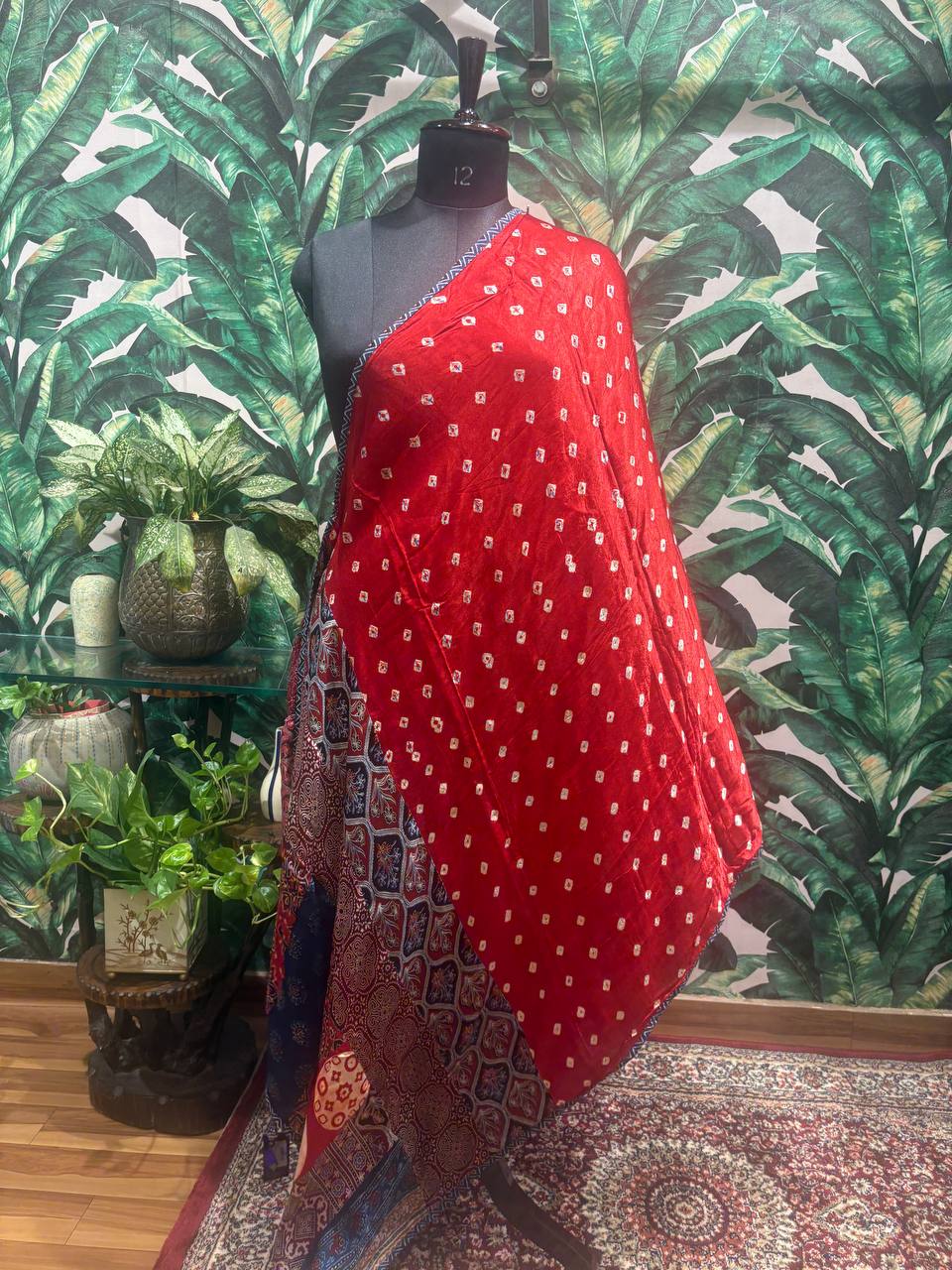 Red Bandhani & Patchwork Pallu Dupatta by Lable Rosaya