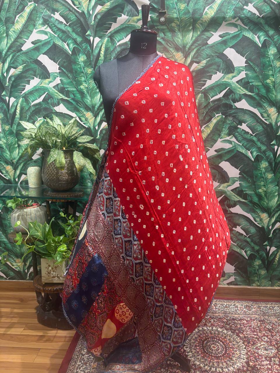 Red Bandhani & Patchwork Pallu Dupatta by Lable Rosaya