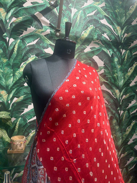 Red Bandhani & Patchwork Pallu Dupatta by Lable Rosaya