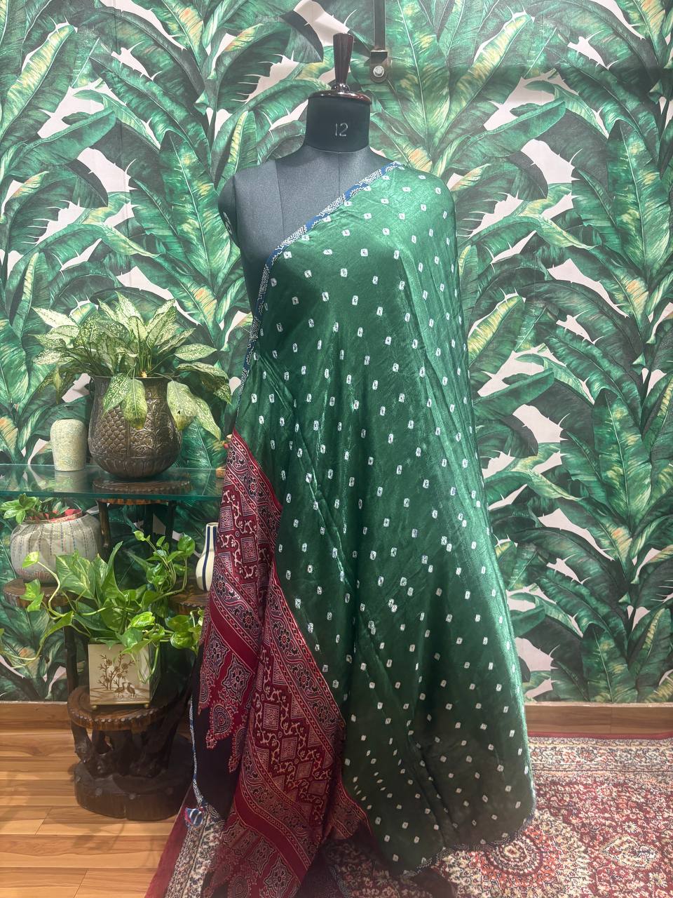 Emerald Green Bandhani & Ajrakh Dupatta