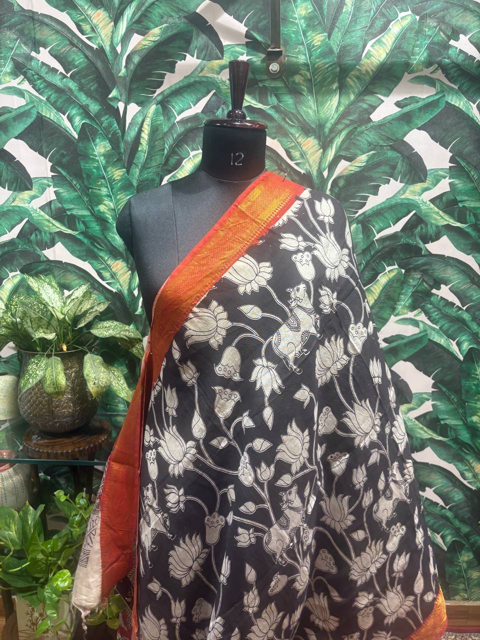 Black Kalamkari Dupatta with Saffron Nizam Border by Lable Rosaya