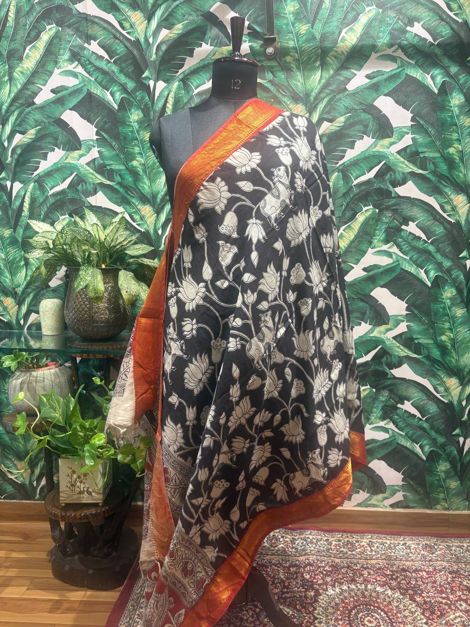 Black Kalamkari Dupatta with Saffron Nizam Border by Lable Rosaya