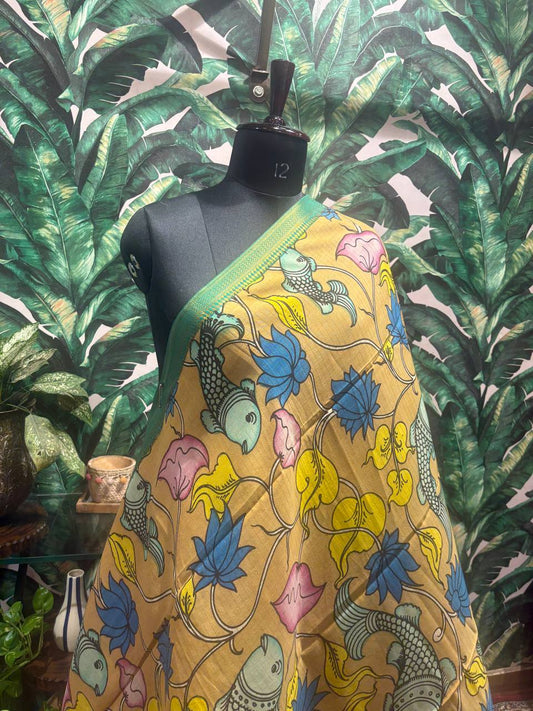 Mustard 'Matsya' Madhubani Art Silk Dupatta by Lable Rosaya