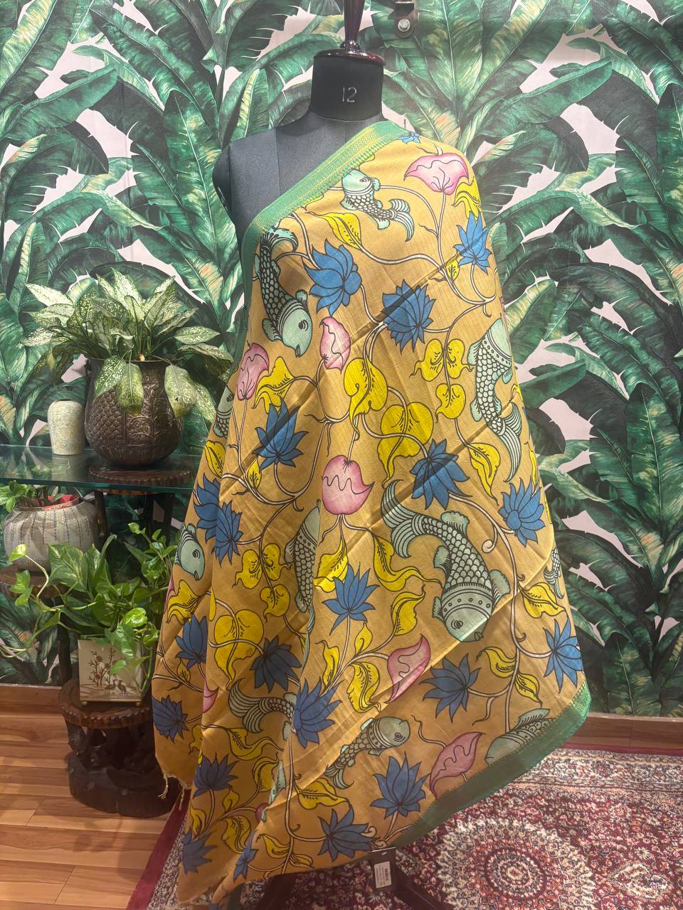 Mustard 'Matsya' Madhubani Art Silk Dupatta by Lable Rosaya