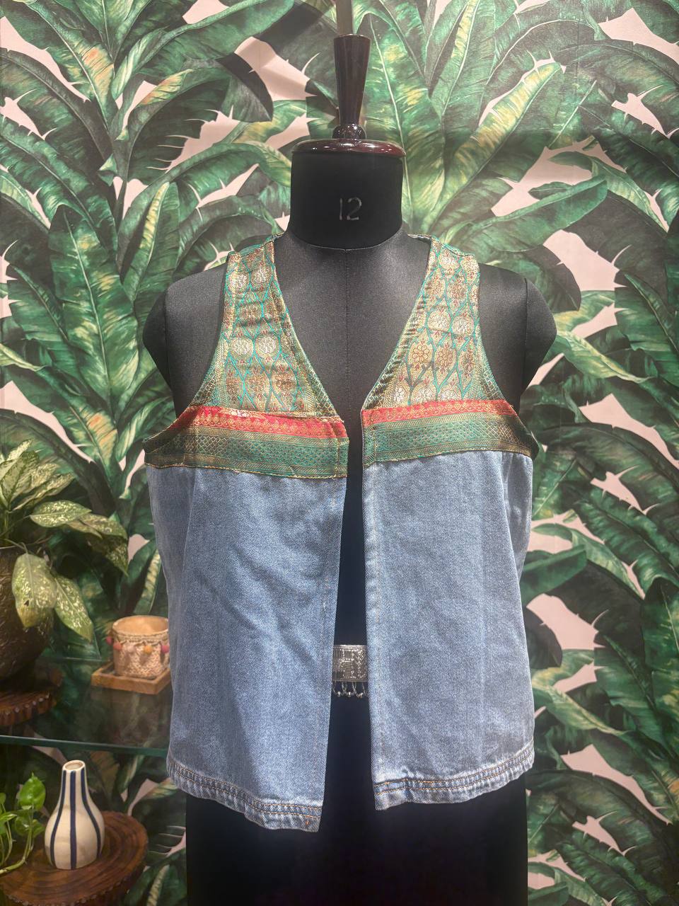 Turquoise Brocade & Denim Fusion Vest