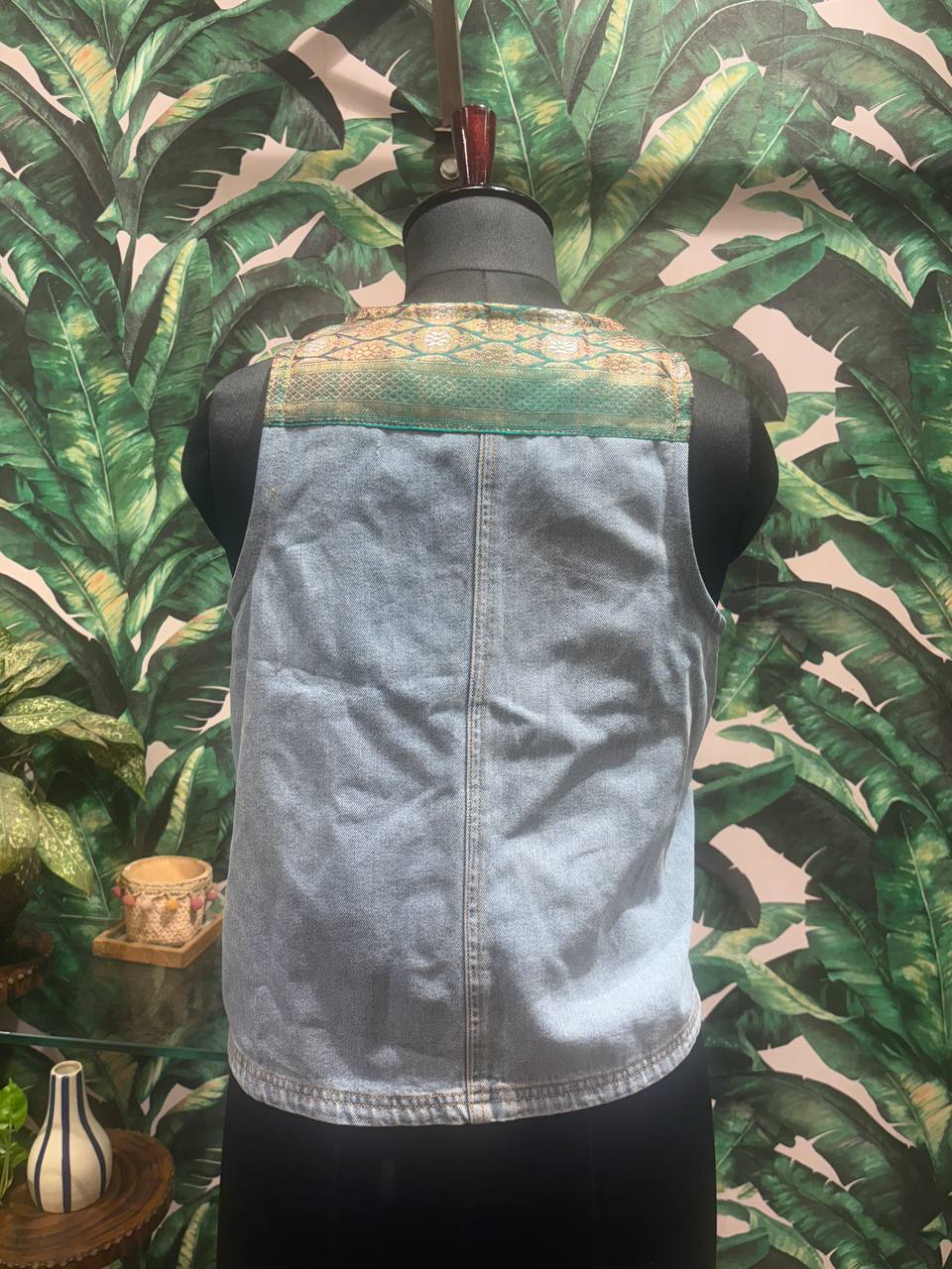 Turquoise Brocade & Denim Fusion Vest
