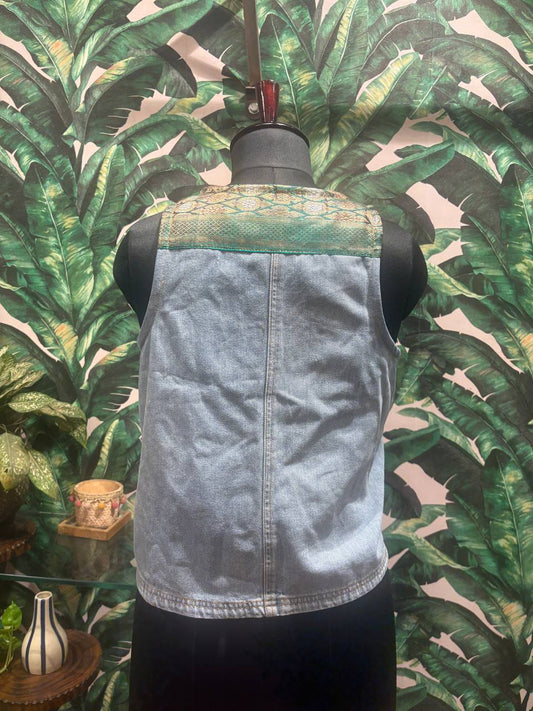 Turquoise Brocade & Denim Fusion Vest