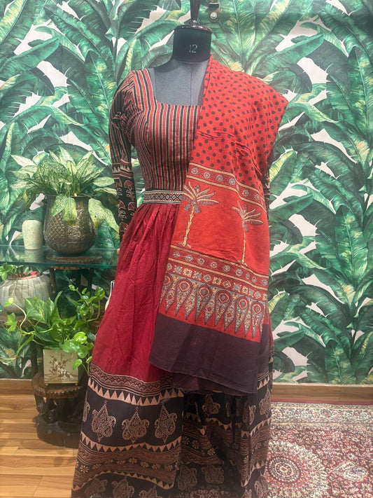 Earthy Ajrakh & Stripe Print Anarkali Set by Lable Rosaya