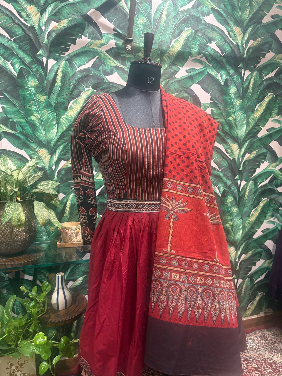 Earthy Ajrakh & Stripe Print Anarkali Set by Lable Rosaya