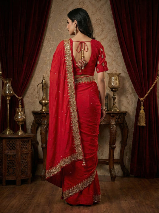 Rosaya Scarlet Red Regal Bridal Saree with Hand-Embroidered Zari Border