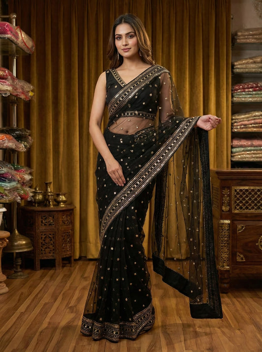 Rosaya Midnight Noir Embellished Party Saree