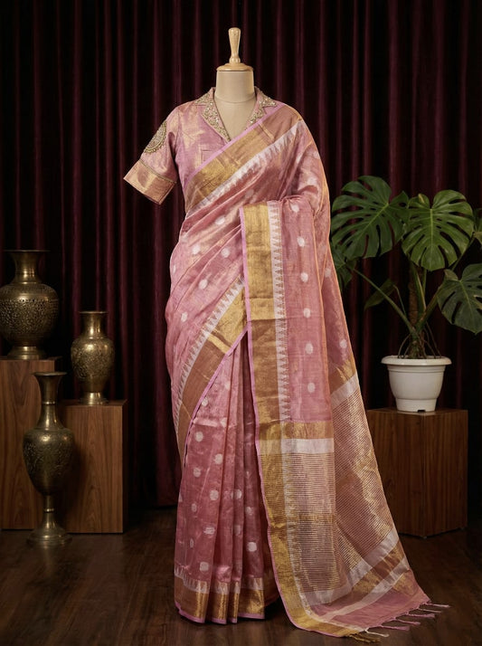 Rosaya Blush Pink Tissue Silk Saree with Zari & Polka Weave