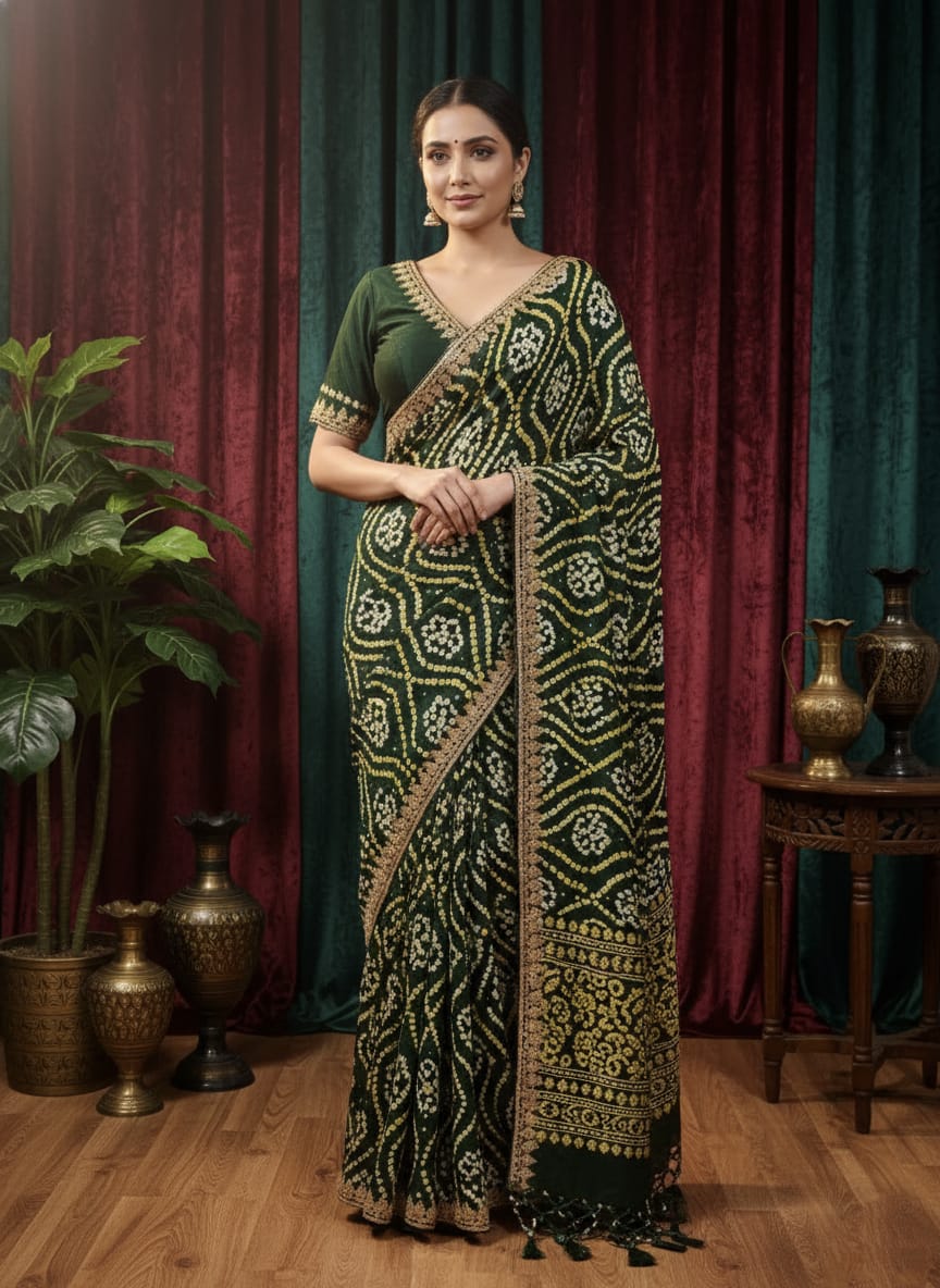 Rosaya Emerald Bandhani Heritage Saree with Antique Zari Embellishment