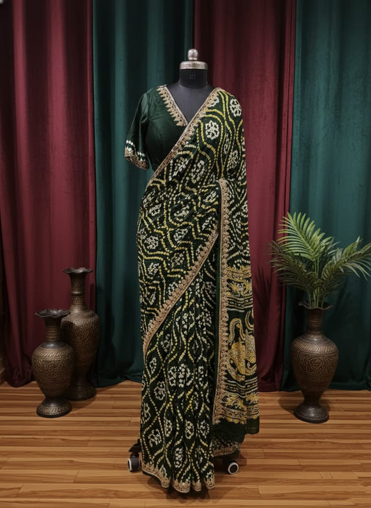 Rosaya Emerald Bandhani Heritage Saree with Antique Zari Embellishment