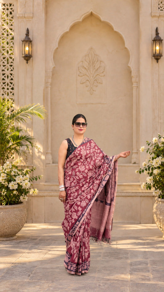 🌸 Original Pen Kalamkari Pure Tussar Silk Saree ✨