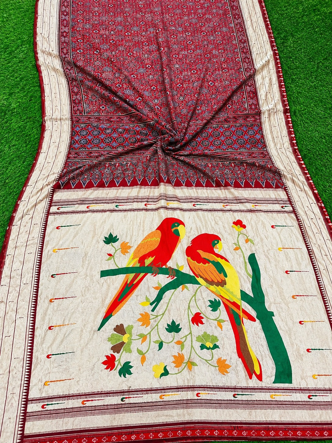 ❤️ Red Paithani Dola Silk Ajrakh Parrot Motif Saree ✨