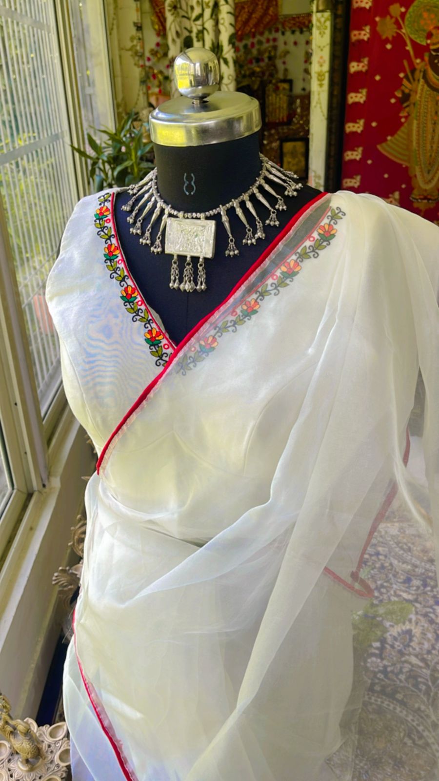 ORGANZA SAREE WITH MADHUBANI BLOUSE
