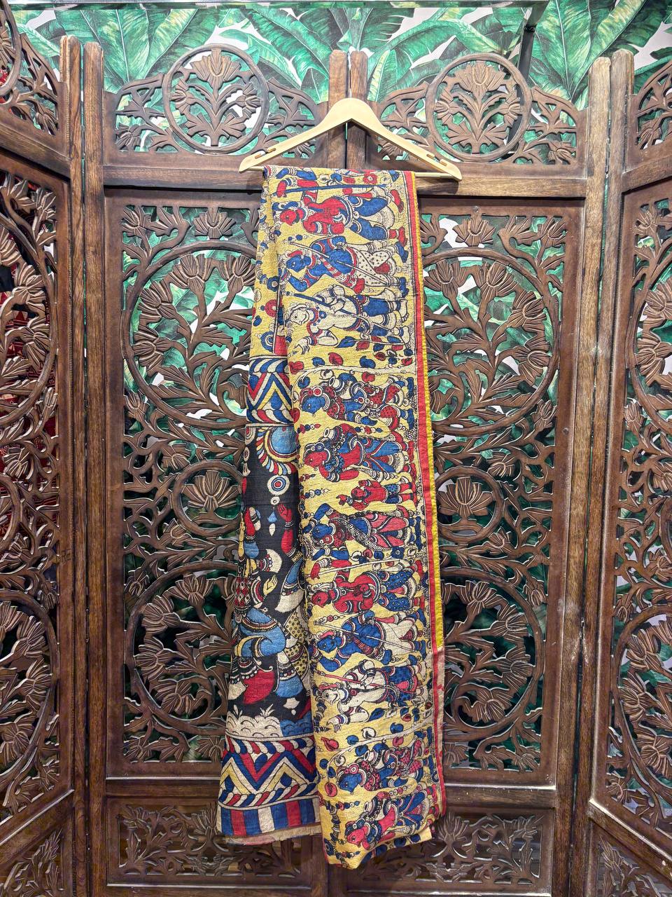 Full view of a mythological Tussar Kalamkari saree depicting scenes from the Mahabharata.