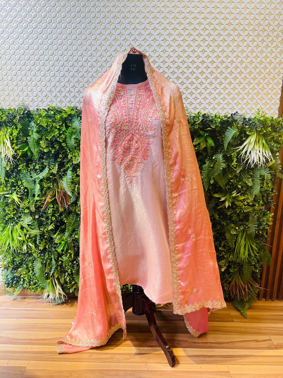 Rosaya Blush Pink Embroidered Kurta Set with Organza Dupatta