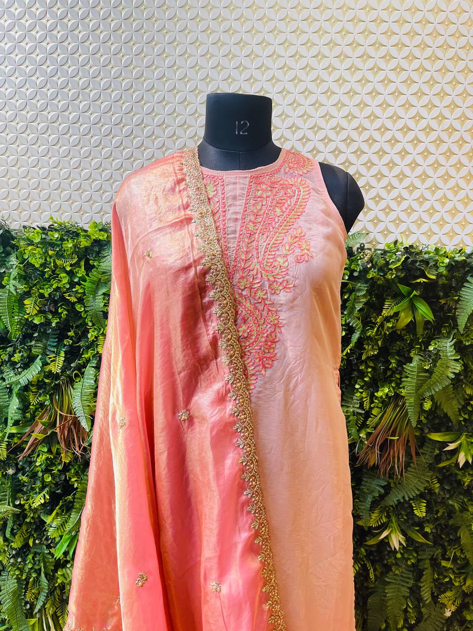 Rosaya Blush Pink Embroidered Kurta Set with Organza Dupatta