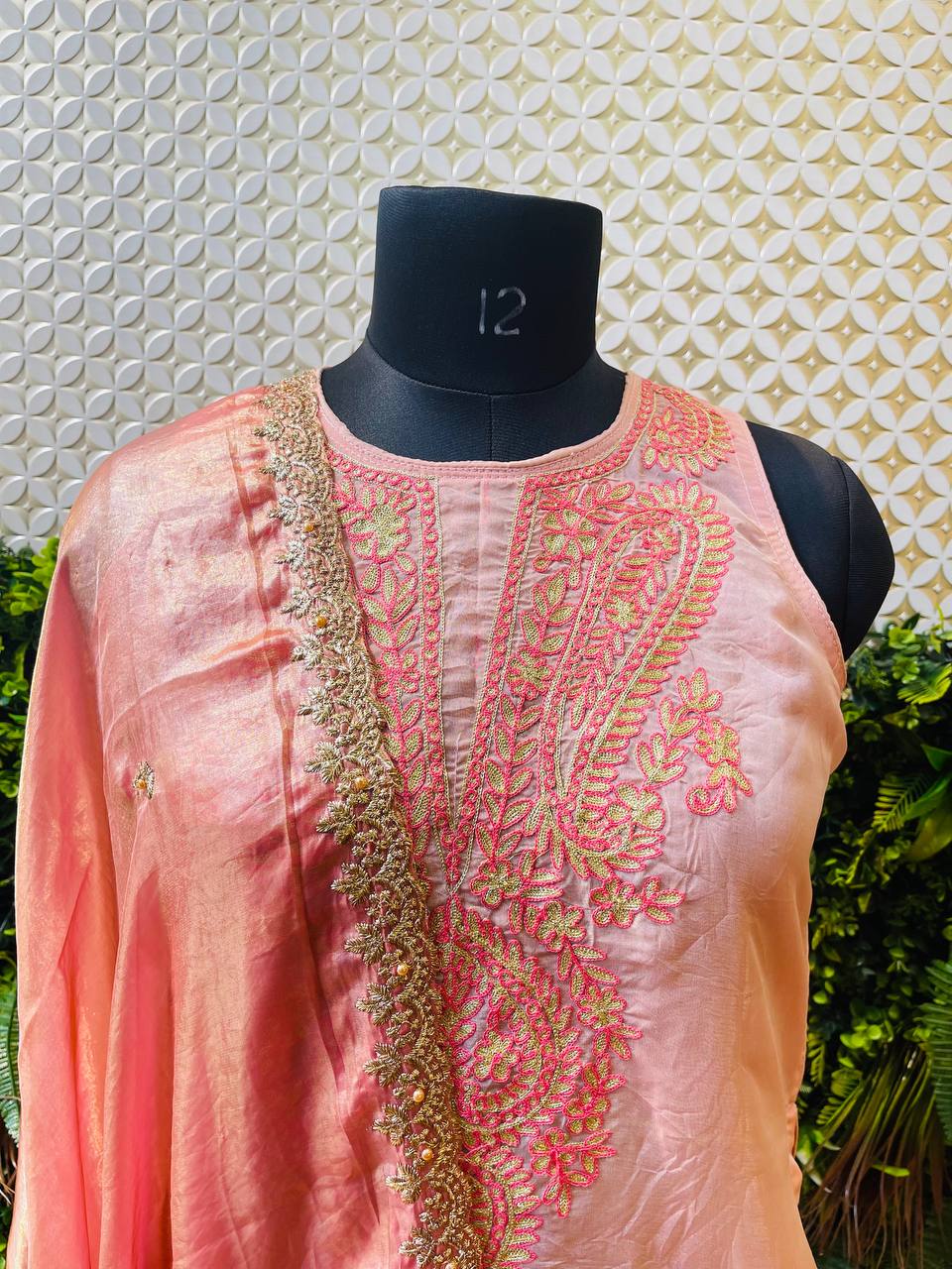 Rosaya Blush Pink Embroidered Kurta Set with Organza Dupatta