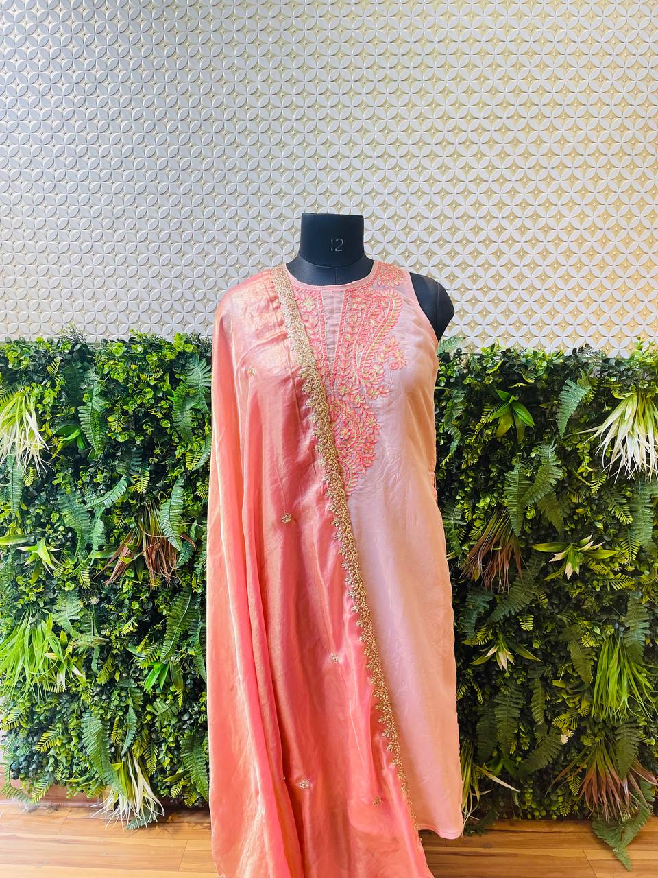 Rosaya Blush Pink Embroidered Kurta Set with Organza Dupatta