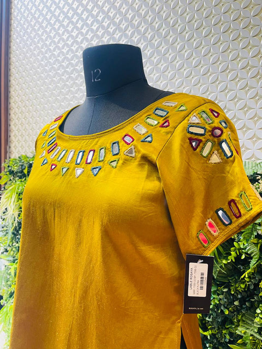 Rosaya Mustard Kutch Mirror Work Short Kurta / Top