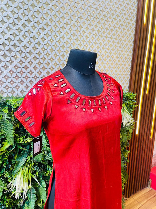 Rosaya Red Silk Mirror Work Kurta – Short Ethnic Top