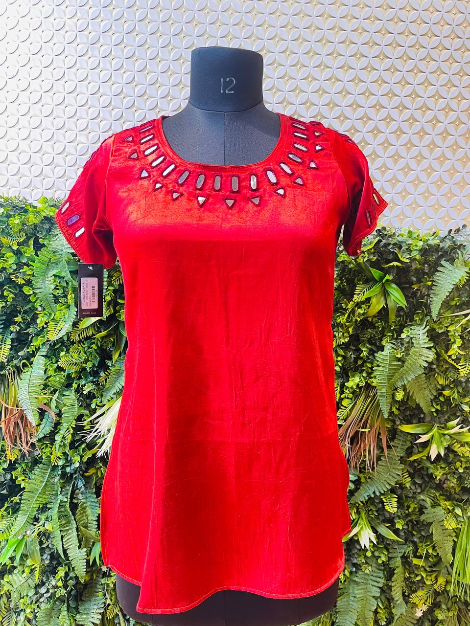 Rosaya Red Silk Mirror Work Kurta – Short Ethnic Top