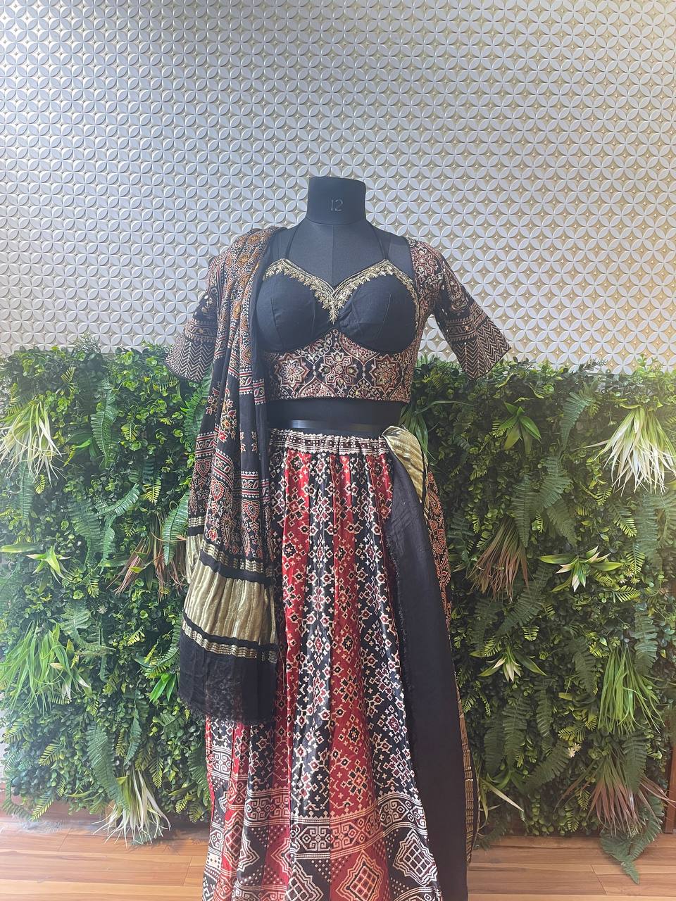 Rosaya Ajrakh Skirt Set with Alternate Blouse & Modal Silk Dupatta