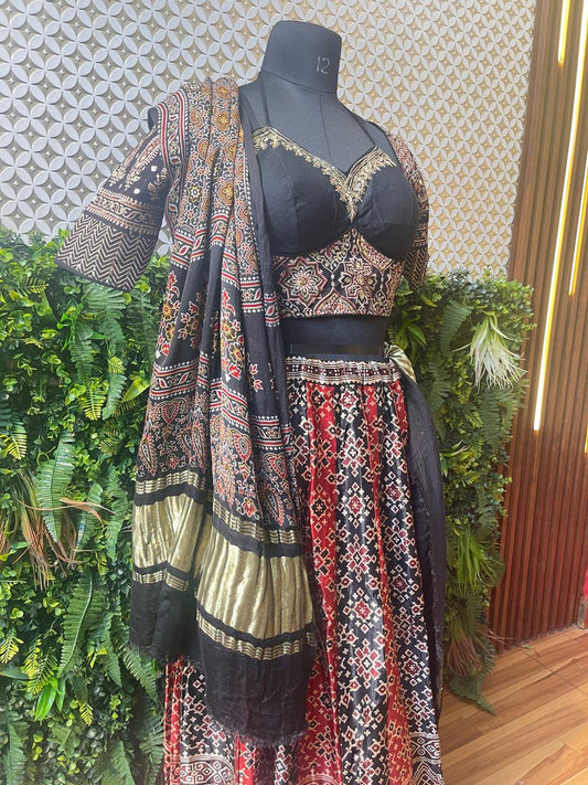 Rosaya Ajrakh Skirt Set with Alternate Blouse & Modal Silk Dupatta