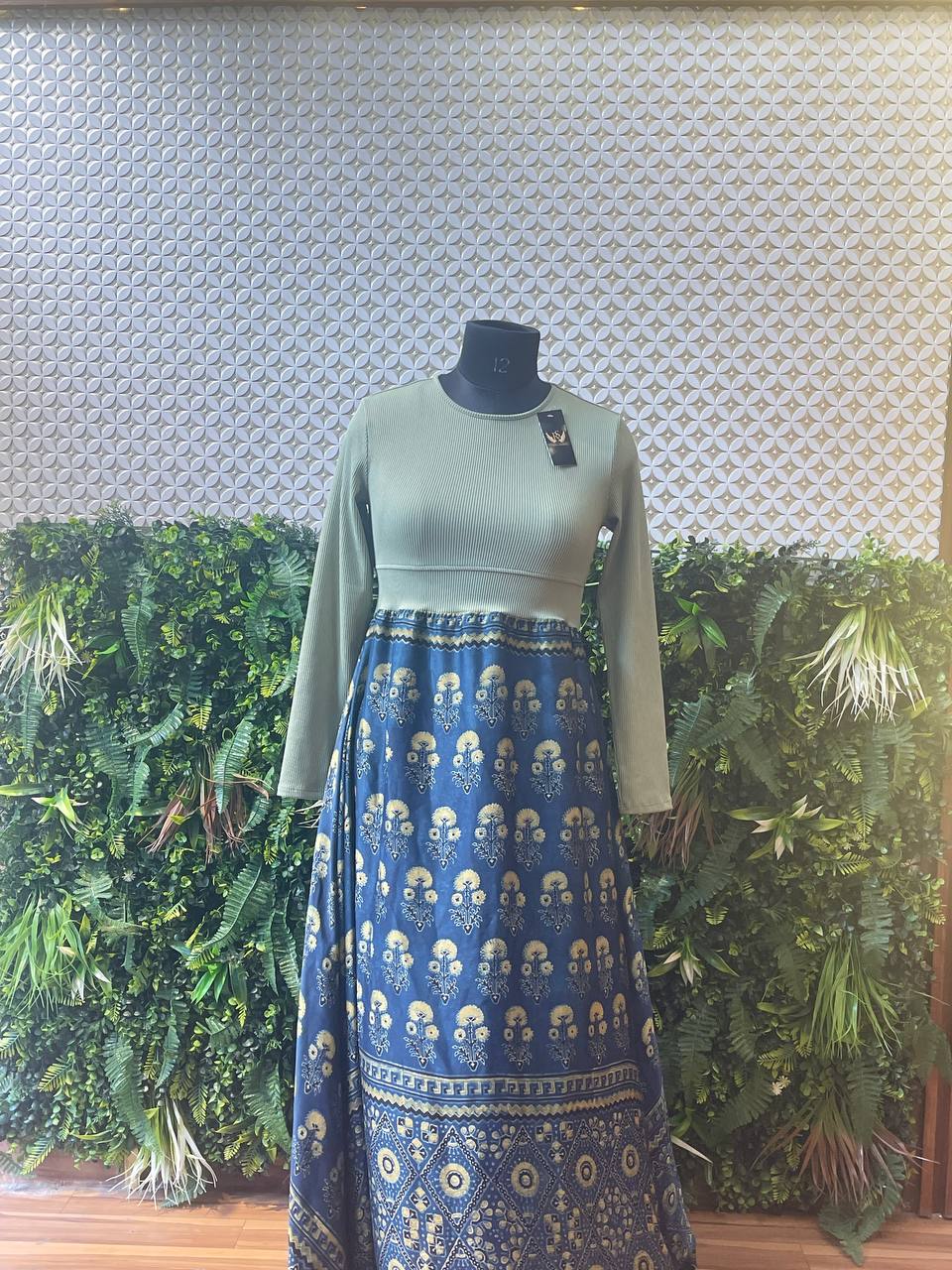 Rosaya Sage Green & Indigo Printed One-Piece Dress