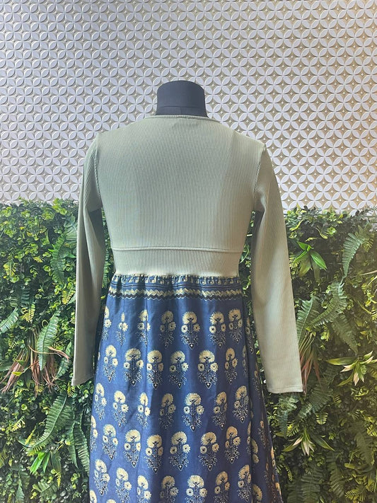 Rosaya Sage Green & Indigo Printed One-Piece Dress