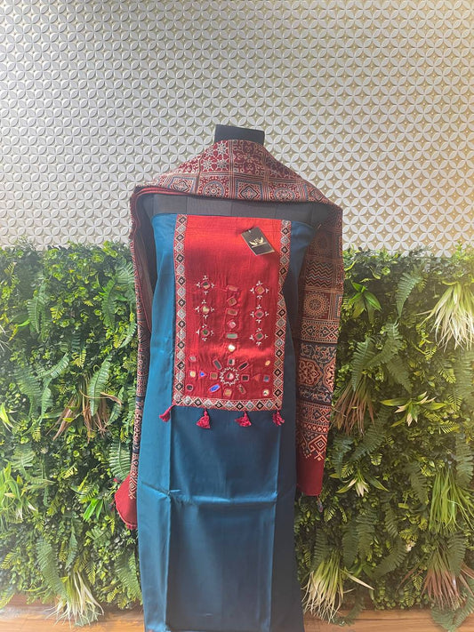 Rosaya Kutch Mirror Work 3-Piece Suit Set with Ajrakh Dupatta