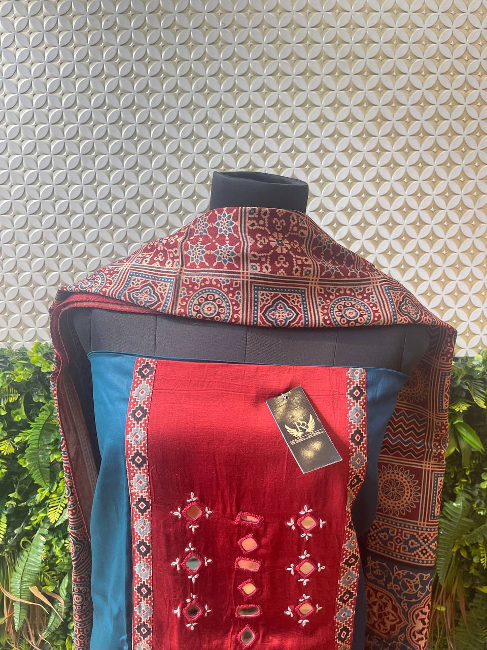 Rosaya Kutch Mirror Work 3-Piece Suit Set with Ajrakh Dupatta
