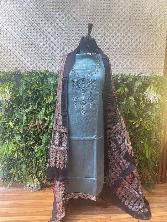 Rosaya Kutch Mirror Work Suit Set with Ajrakh Dupatta – Sky Blue Elegance