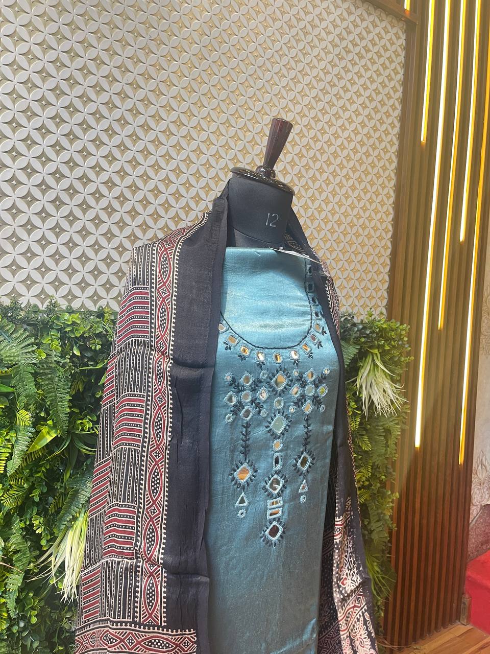 Rosaya Kutch Mirror Work Suit Set with Ajrakh Dupatta – Sky Blue Elegance