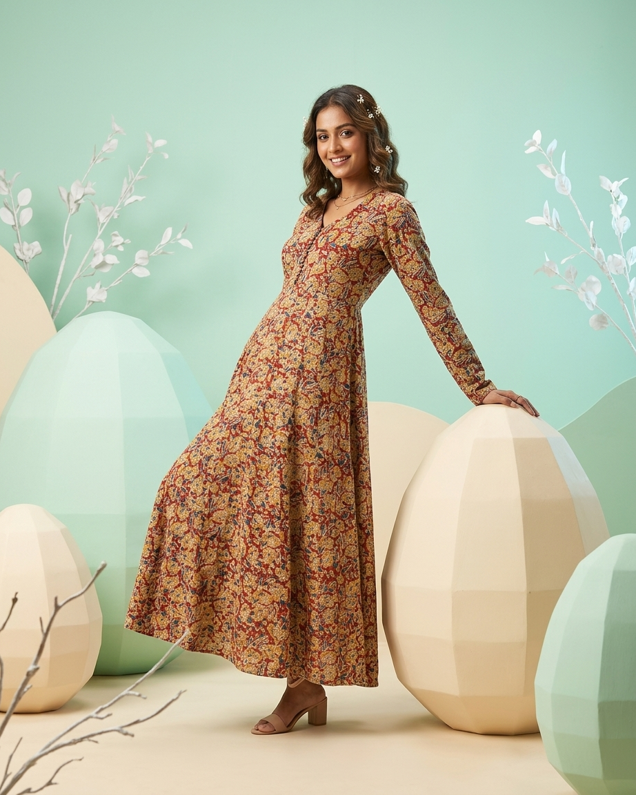 Rajnandini – Handcrafted Kalamkari Cotton Gown