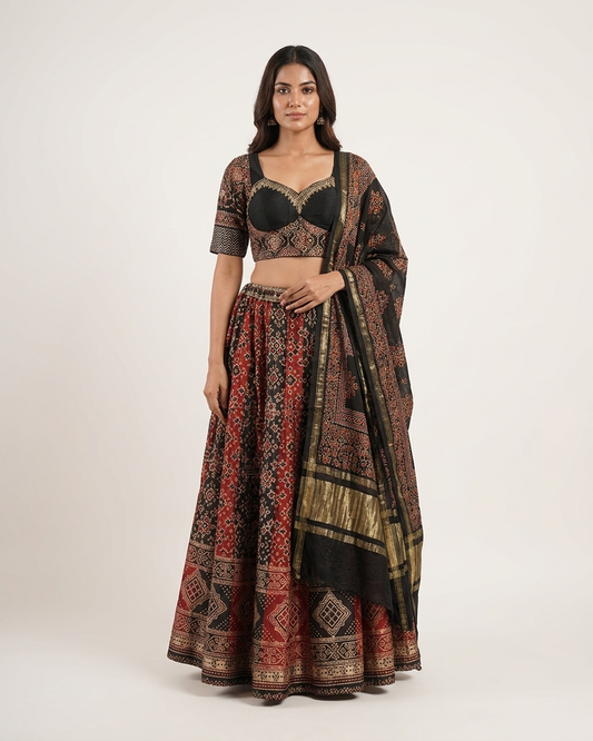 Rosaya Ajrakh Skirt Set with Alternate Blouse & Modal Silk Dupatta